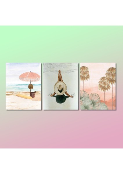 3'lü Kanvas Duvar Tablosu Sahilde Boho Kadın Illüstrasyonu indirimleri