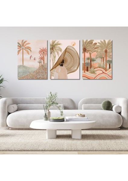 3'lü Kanvas Duvar Tablosu Boho Şapkalı Kadın ve Okaliptüs Ağaç