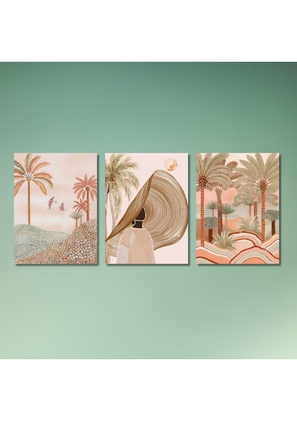 3'lü Kanvas Duvar Tablosu Boho Şapkalı Kadın ve Okaliptüs Ağaç indirimleri