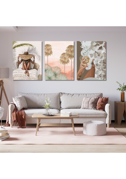 3'lü Kanvas Duvar Tablosu Boho Şarap Içen Kadın ve Okaliptüs