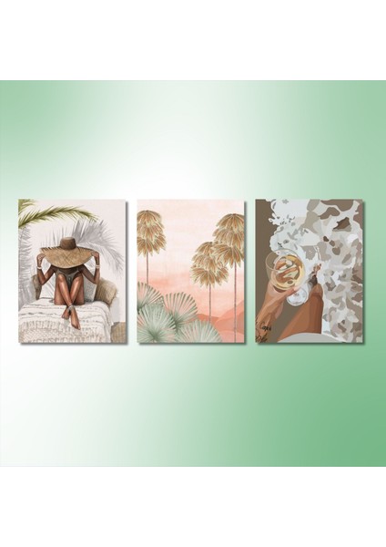 3'lü Kanvas Duvar Tablosu Boho Şarap Içen Kadın ve Okaliptüs indirimleri