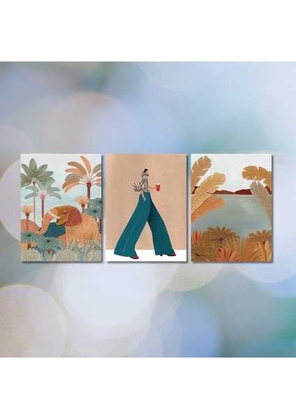 3'lü Kanvas Duvar Tablosu Boho Kadın Okaliptüs Ağacı ve Fil indirimleri
