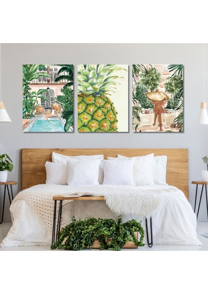 3'lü Kanvas Duvar Tablosu Boho Kadın Görseli ve Yeşil Ananas