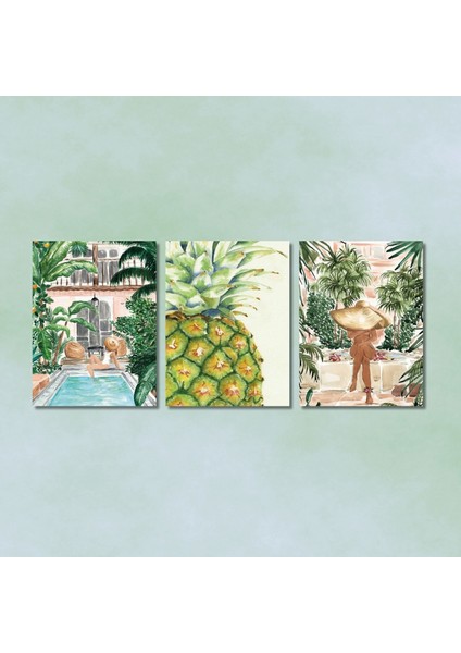 3'lü Kanvas Duvar Tablosu Boho Kadın Görseli ve Yeşil Ananas indirimleri