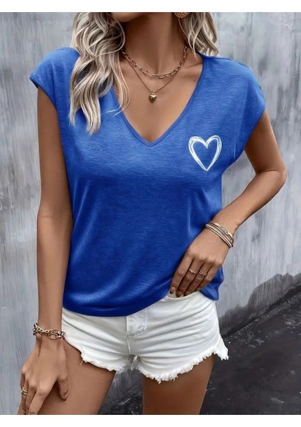 Kadın Kısa Kollu V Yaka Kalp Baskılı Viskon Bluz