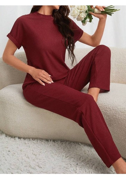 Kadın Kısa Kollu Bisiklet Yaka Kol Katlama Detay Kaşkorse Ikili Takım