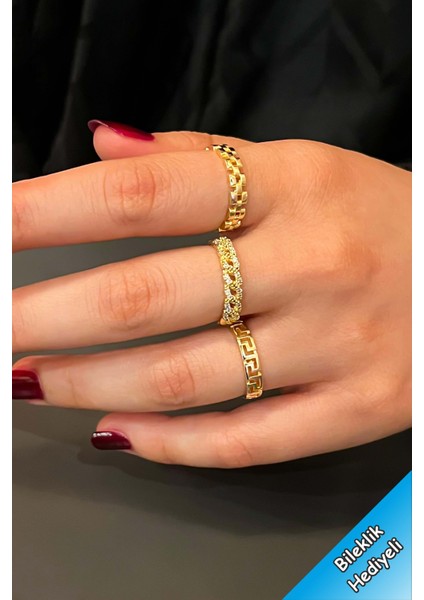 Trend Collection Zirkon Taşlı Gold Ayarlanabilir 3'lü Kadın Yüzük Seti