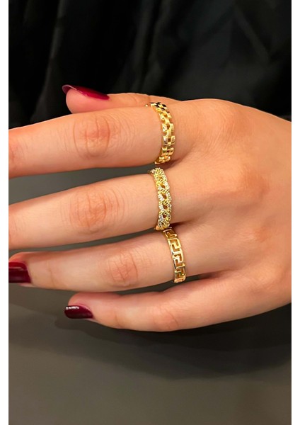 Trend Collection Zirkon Taşlı Gold Ayarlanabilir 3'lü Kadın Yüzük Seti