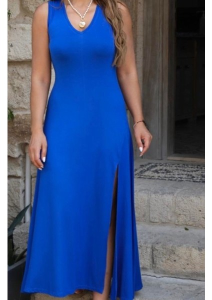 Kadın Kalın Askılı V Yaka Yırtmaç Detay Viskon Elbise fiyatları