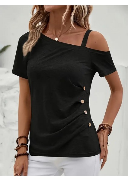 Kadın Kısa Kollu Tek Tarafı Askılı Düşük Omuz Düğme Detay Viskon Bluz indirimleri