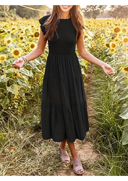 Kadın Kısa Kollu Kolları Volanlı Gipeli Aerobin Elbise