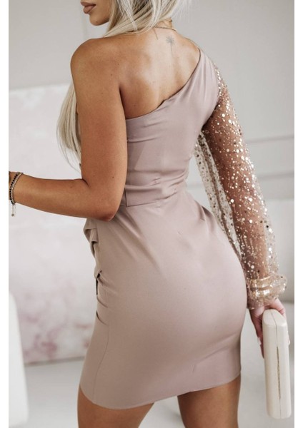 Kadın Tül Kollu Sandy Kumaş Mini Elbise fiyatları