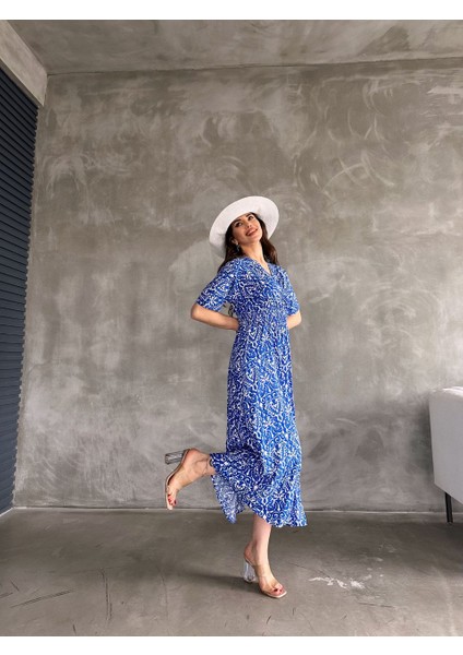 Kadın Kruvaze Yaka Lastikli Bel Desenli Gipeli Viskon Elbise