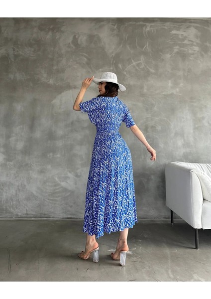 Kadın Kruvaze Yaka Lastikli Bel Desenli Gipeli Viskon Elbise modelleri