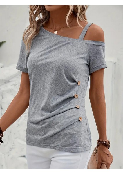 Kadın Kısa Kollu Tek Tarafı Askılı Düşük Omuz Düğme Detay Viskon Bluz fiyatları