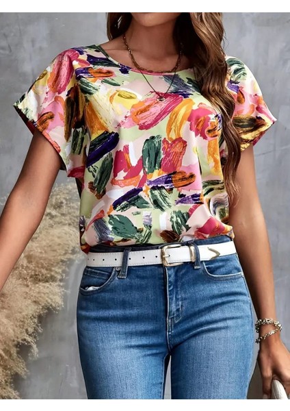 Kadın Kısa Yarasa Kollu Renkli Desen Baskılı Sandy Bluz modelleri
