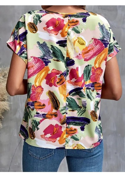 Kadın Kısa Yarasa Kollu Renkli Desen Baskılı Sandy Bluz indirimleri