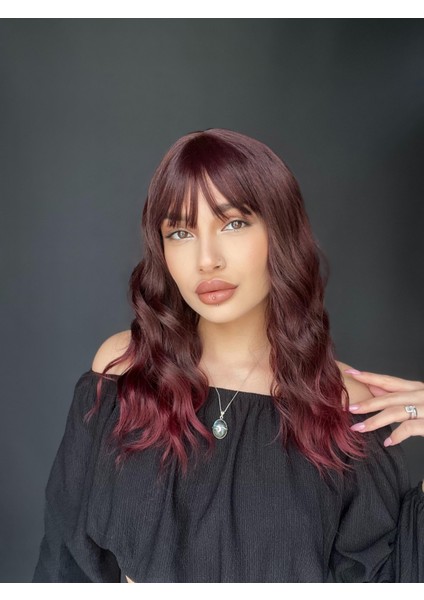 Okyanus Dalgası Perçemli Medikal Peruk Perçemli Fiber Koyu Kızıl