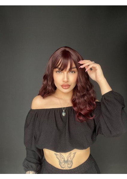 Okyanus Dalgası Perçemli Medikal Peruk Perçemli Fiber Koyu Kızıl modelleri