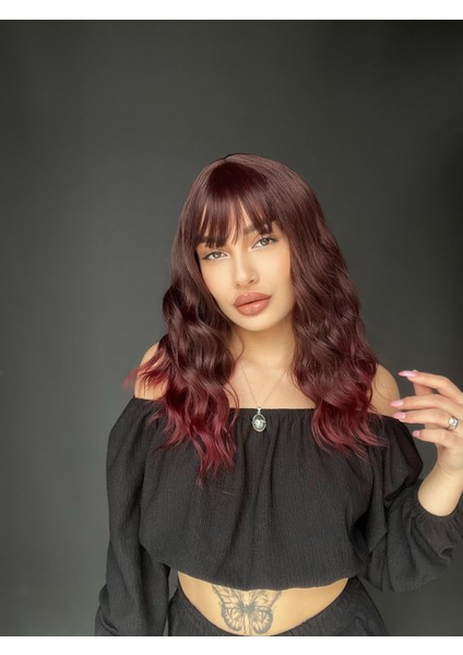 Okyanus Dalgası Perçemli Medikal Peruk Perçemli Fiber Koyu Kızıl indirimleri