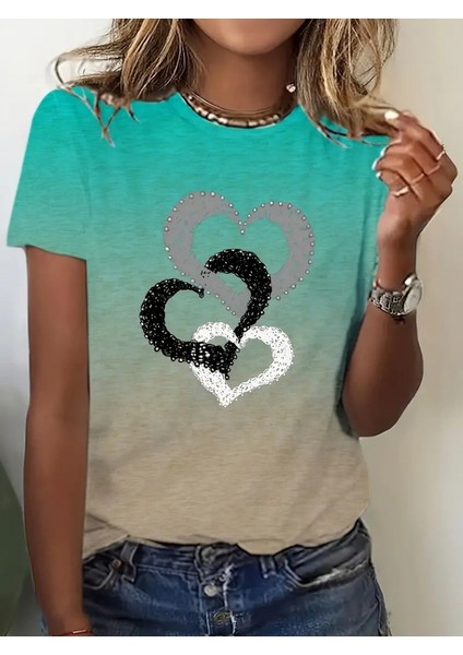 Kadın Kısa Kollu Bisiklet Yaka Kalp Baskılı Süprem Bluz