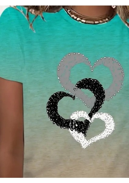 Kadın Kısa Kollu Bisiklet Yaka Kalp Baskılı Süprem Bluz fiyatları