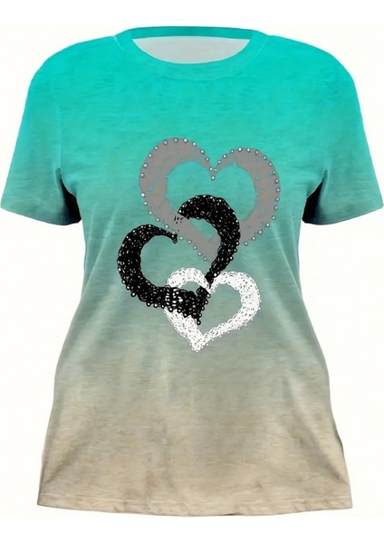 Kadın Kısa Kollu Bisiklet Yaka Kalp Baskılı Süprem Bluz fırsatları