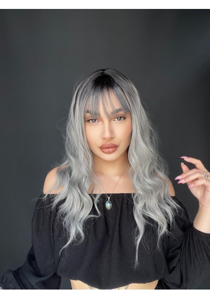 Okyanus Dalgası Perçemli Medikal Peruk Perçemli Fiber Siyah Gri