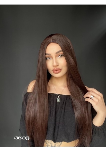 Düz Uzun Perçemsiz Cilt Görünümlü Medikal Özel Peruk Sıcak Kahve