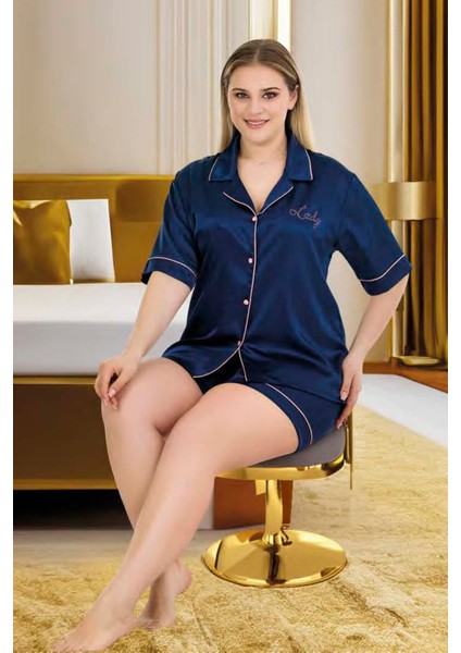 Lacivert Renk Kaliteli, Şık ve Kısa Kol, Şortlu Saten Pijama Takımı