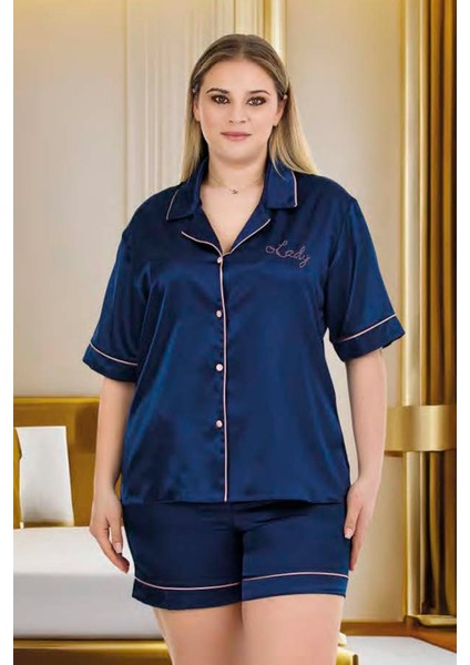 Lacivert Renk Kaliteli, Şık ve Kısa Kol, Şortlu Saten Pijama Takımı