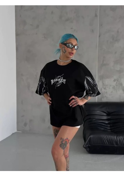 Bisiklet Yaka Baskılı Oversize T-Shirt - Siyah fiyatları