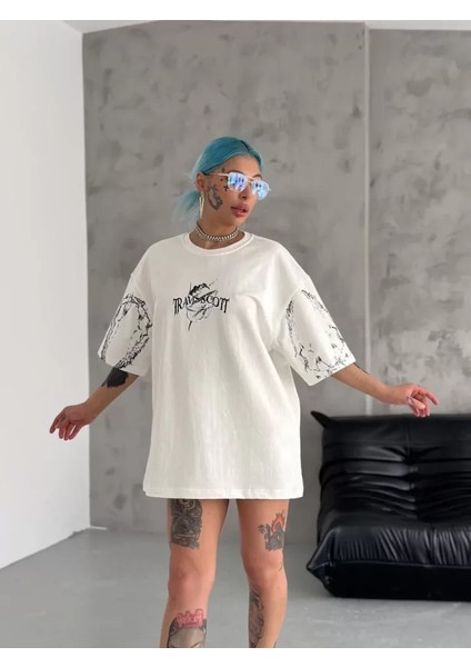 Bisiklet Yaka Baskılı Oversize T-Shirt - Beyaz