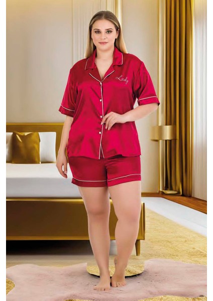 Bordo Renk Şık ve Kısa Kol, Lady 16002 Şortlu Saten Pijama Takımı