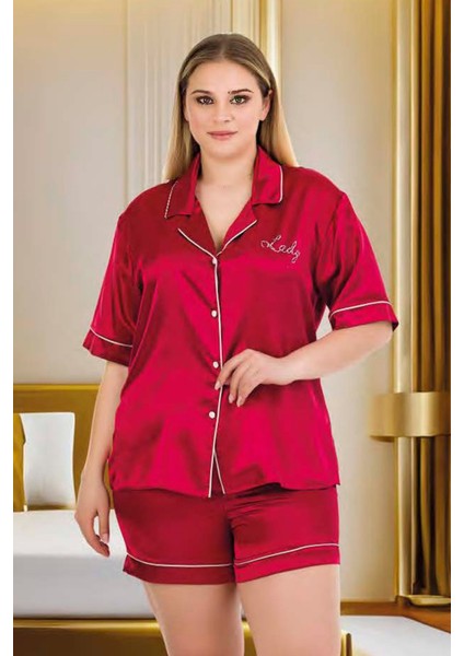 Bordo Renk Şık ve Kısa Kol, Lady 16002 Şortlu Saten Pijama Takımı modelleri
