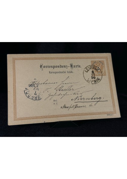 Avusturya-Macaristan Antiye 1890 Yılında Leipnik'den Nürnberg'e Postalanmış Varış Damgalı 2 Kreuzer Pullu Posta Kartı