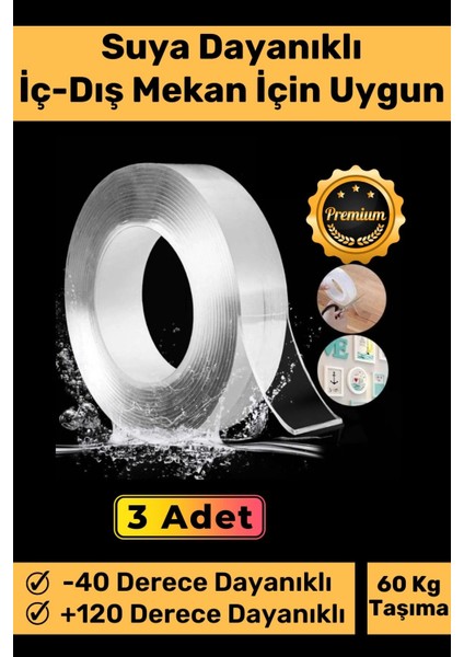 Deluxe Ultra Güçlü Yüksek Mukavemetli Nano Teknolojili Çift Taraflı Şeffaf 3 mt Bant 3 Adet