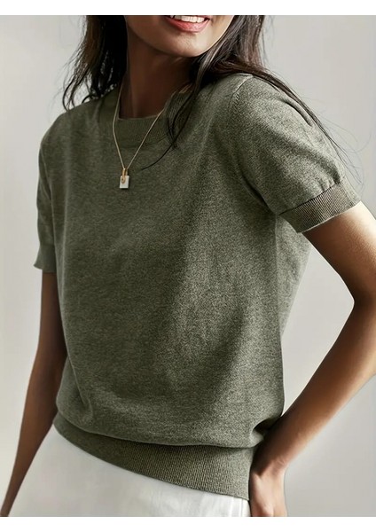 Kadın Kısa Kollu Bisiklet Yaka Triko Bluz