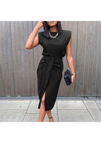 Kadın Üst Vatkalı Kolsuz, Alt Büzgülü Yırtmaçlı Arkası Fermuarlı Krep Etek Bluz Takim