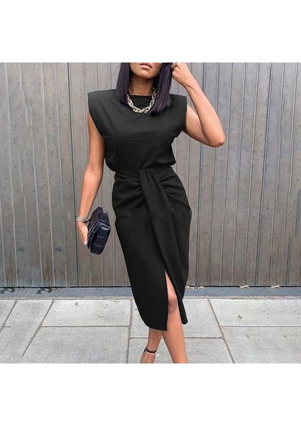 Kadın Üst Vatkalı Kolsuz, Alt Büzgülü Yırtmaçlı Arkası Fermuarlı Krep Etek Bluz Takim modelleri