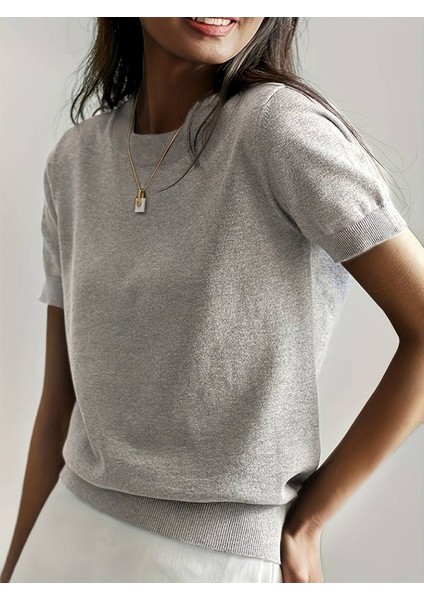 Kadın Kısa Kollu Bisiklet Yaka Triko Bluz