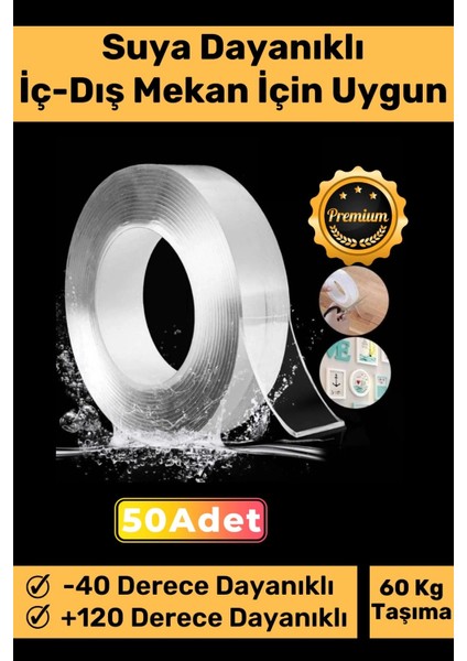 Deluxe Ultra Güçlü Yüksek Mukavemetli Nano Teknolojili Çift Taraflı Şeffaf 3 mt Bant 50 Adet