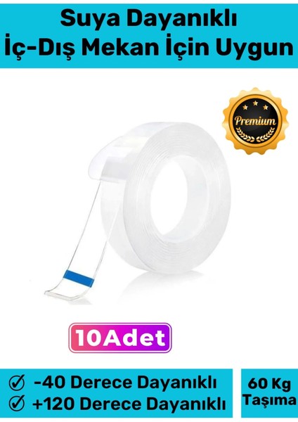 Deluxe Ultra Güçlü Yüksek Mukavemetli Nano Teknolojili Çift Taraflı Şeffaf 1 mt Bant 10 Adet