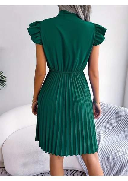 Kadın Kısa Kollu Boyundan Bağcıklı Eteği Pileli Ithal Krep Elbise fiyatları