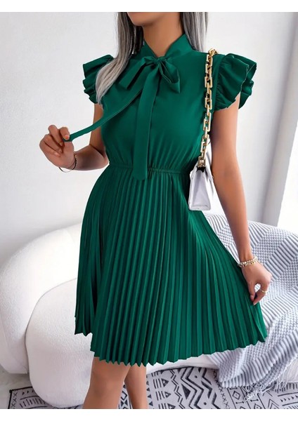 Kadın Kısa Kollu Boyundan Bağcıklı Eteği Pileli Ithal Krep Elbise indirimleri