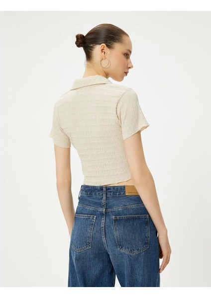 Crop Polo Yaka Tişört Önden Büzgülü Bağlamalı Dokulu 4SAL10129IK - Koton - 4SAL10129IK - Bej - S fırsatları