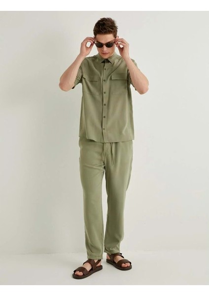 Gabardin Pantolon Beli Bağcıklı Cep Detaylı - Koton - 4SAM40046HW - Haki - 38