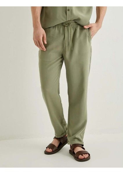 Gabardin Pantolon Beli Bağcıklı Cep Detaylı - Koton - 4SAM40046HW - Haki - 38