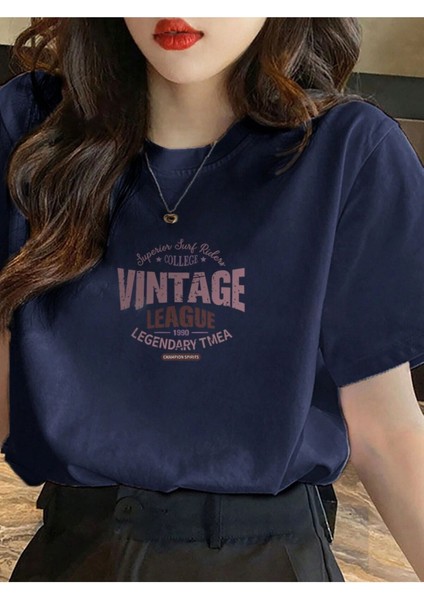 Kadın Lacivert Vintage Leage 1990 Baskı Oversize Tişört