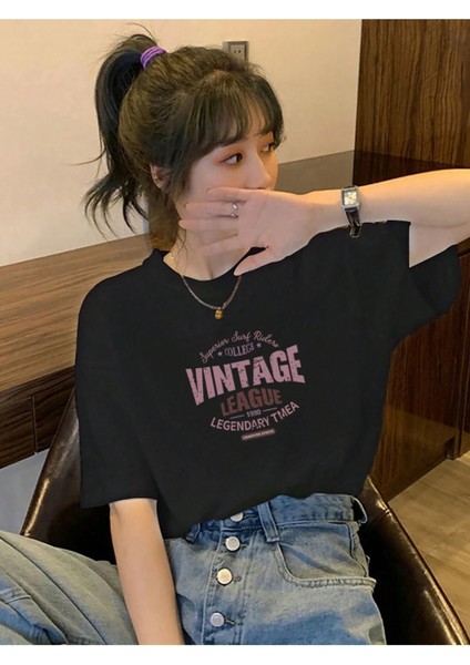 Kadın Siyah Vintage Leage 1990 Baskı Oversize Tişört